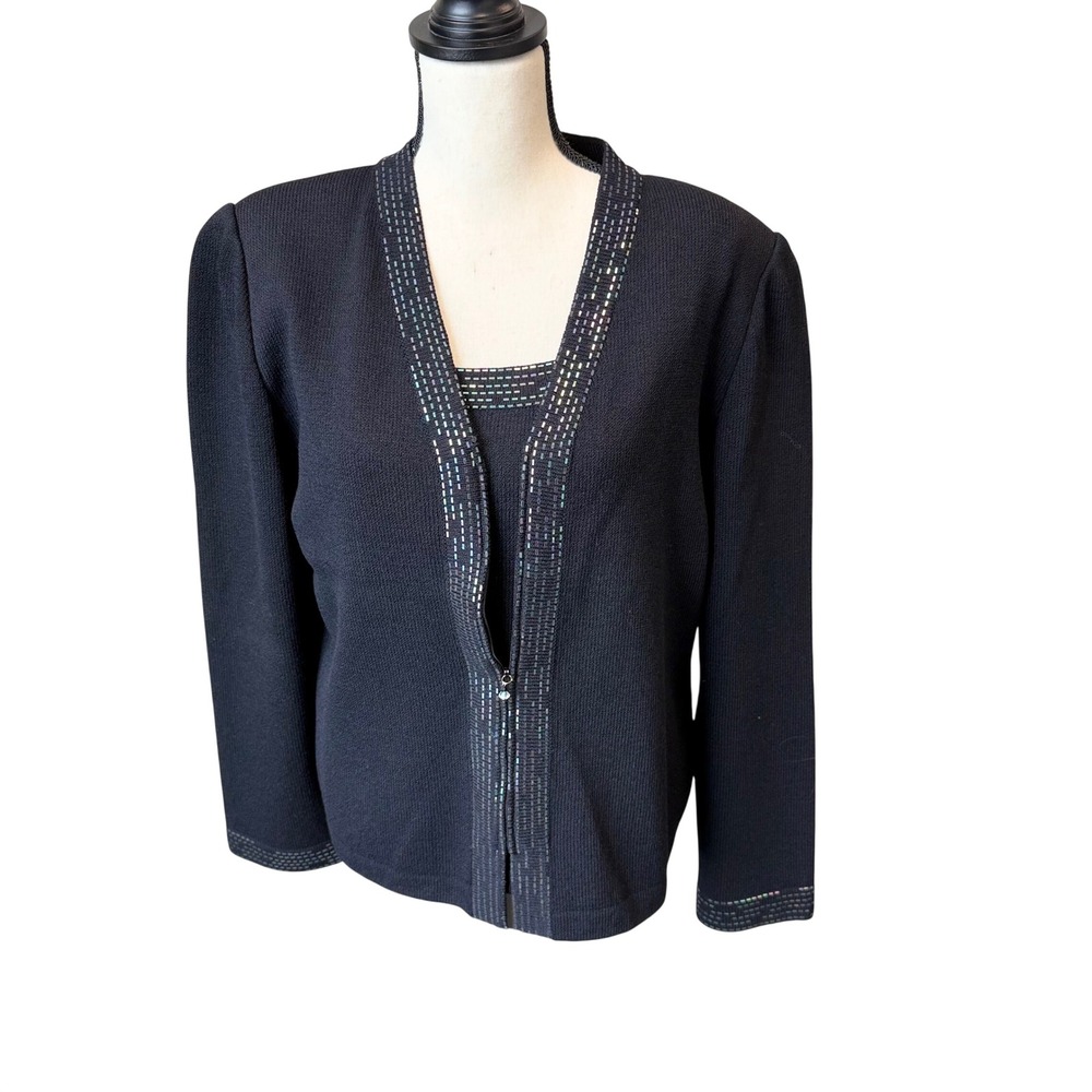 St. John Collection Womens Size 10 Black Knit Beaded Cardigan Tank Twin Set
